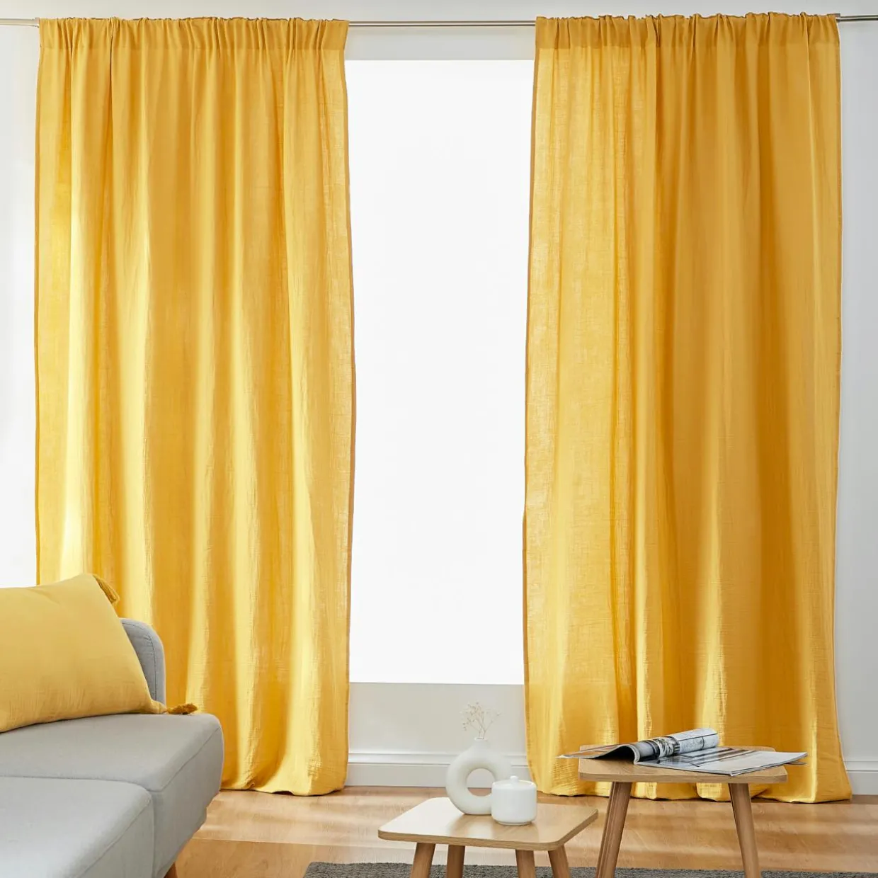 Rideau gaze de coton galon fronceur (180 x 240 cm) Gaïa Jaune safran