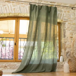 Rideau lin lavé ajustable (140 x max 270 cm) Louise Vert romarin