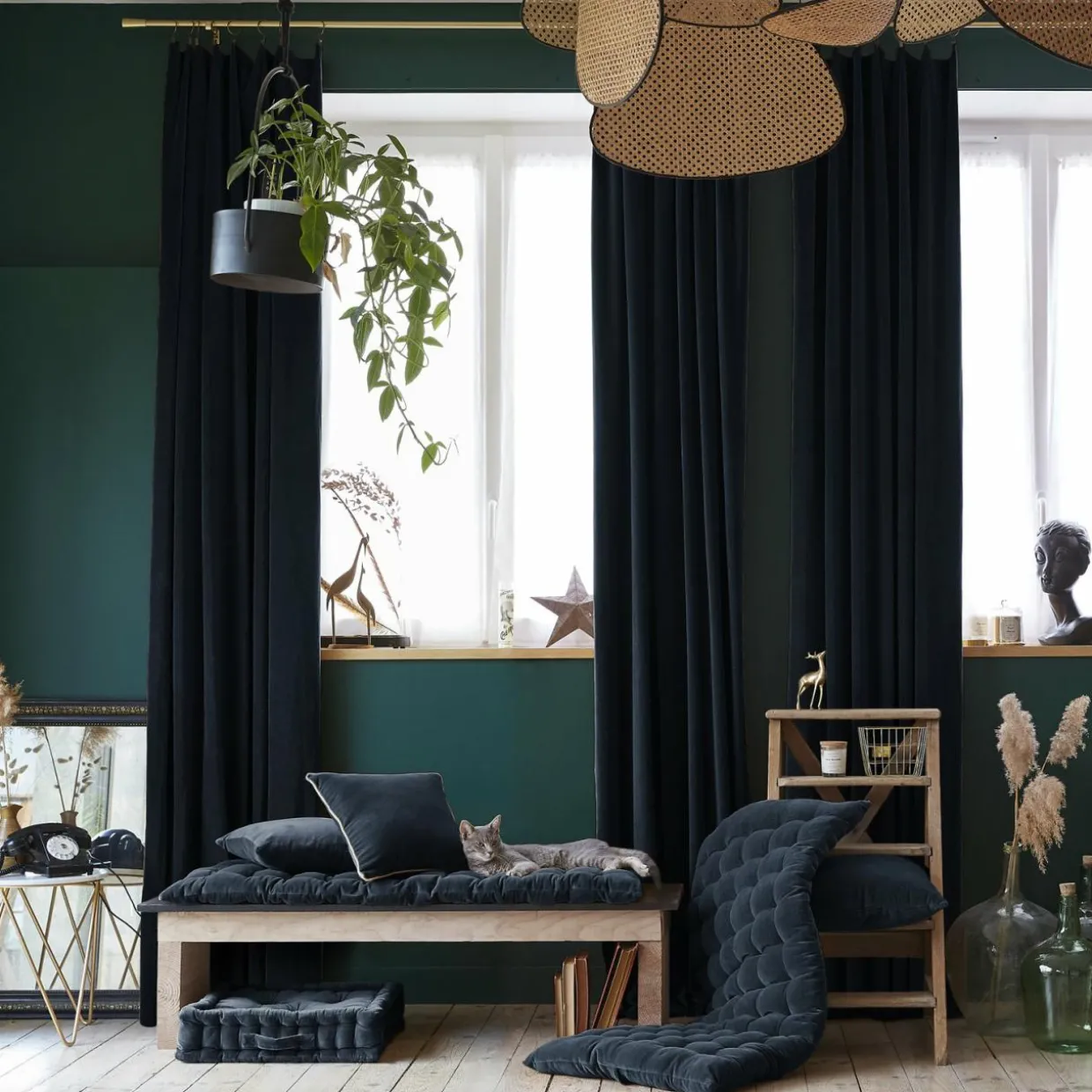 Rideau velours de coton ajustable (140 x max 270 cm) Victor Bleu nuit