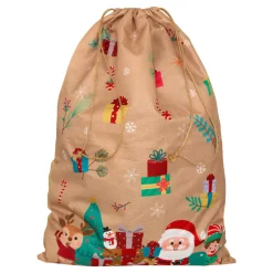 Sac cadeau en jute (H70 cm) Lutin et Père Noël Beige