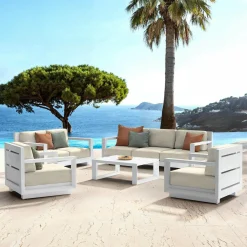 Salon de jardin aluminium 7 places 5 pcs Elba Blanc et beige