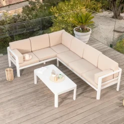 Salon de jardin d'angle en aluminium 6 places Ostara Blanc et taupe