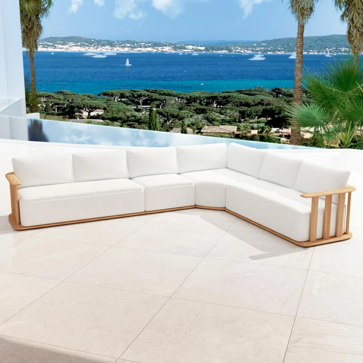 Salon de jardin d'angle en bois teck 6 places Java Ecru