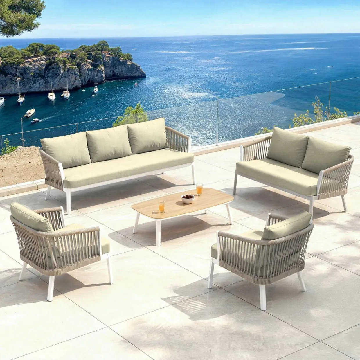 Salon de jardin en aluminium 7 places 5 pcs Amalfi Blanc et beige