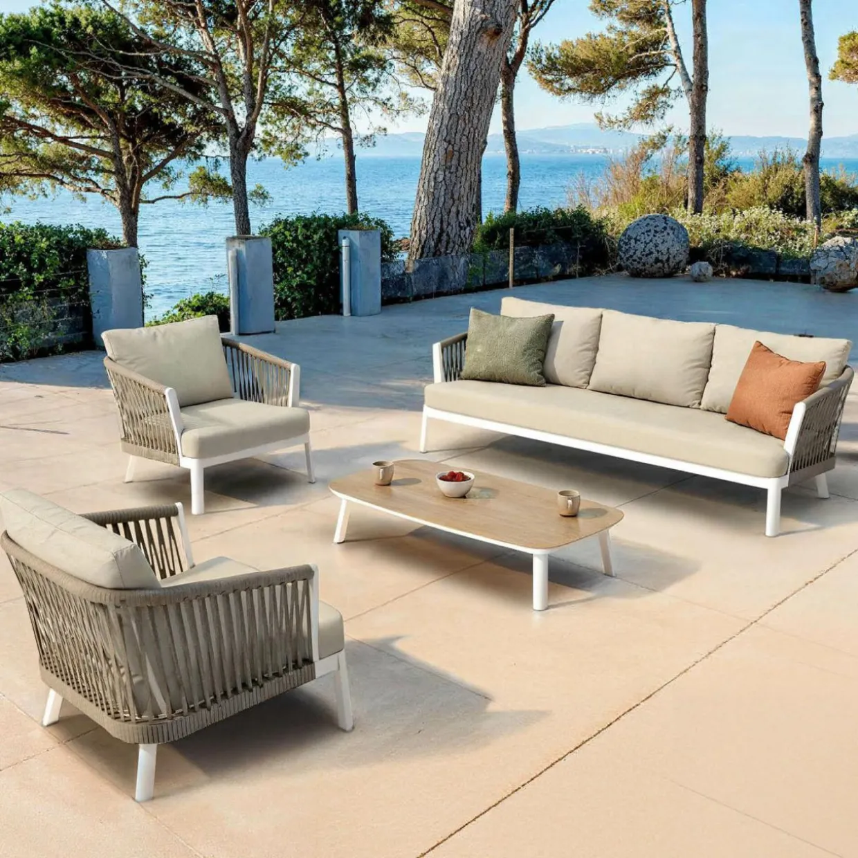 Salon de jardin en aluminium 5 places 4 pcs Amalfi Blanc et beige