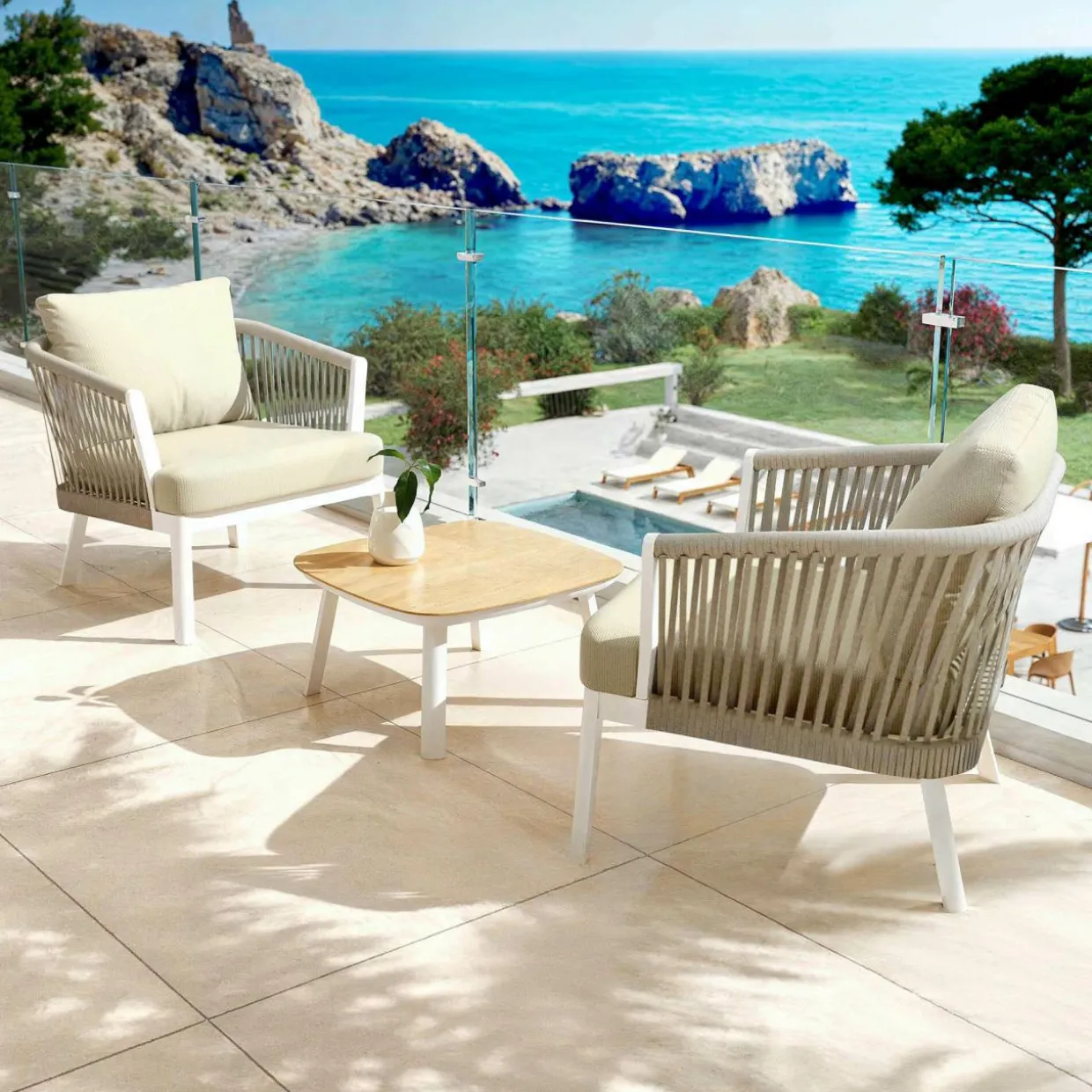 Salon de jardin en aluminium 2 places 3 pcs Amalfi Blanc et beige