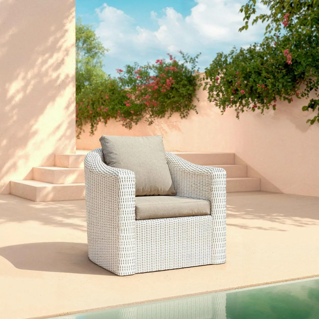 Salon de jardin en résine tressée 5 places 4 pcs Calvi Blanc et taupe