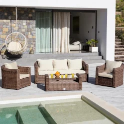 Salon de jardin en résine tressée 5 places 4 pcs Calvi Sepia et beige