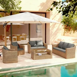 Salon de jardin en résine tressée 7 places 5 pcs Calvi Sepia et gris foncé