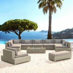 Salon de jardin en résine tressée 9 places 9 pcs Palma Gris et taupe