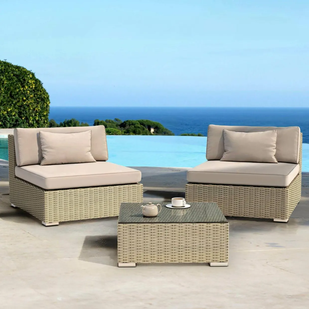 Salon de jardin en résine tressée 2 places 3 pcs Palma Gris et taupe