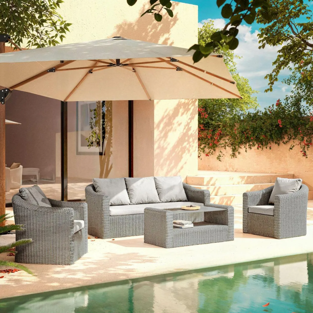 Salon de jardin en résine tressée 5 places 4 pcs Calvi Gris et gris clair