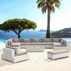 Salon de jardin en résine tressée 9 places 9 pcs Palma Blanc et taupe