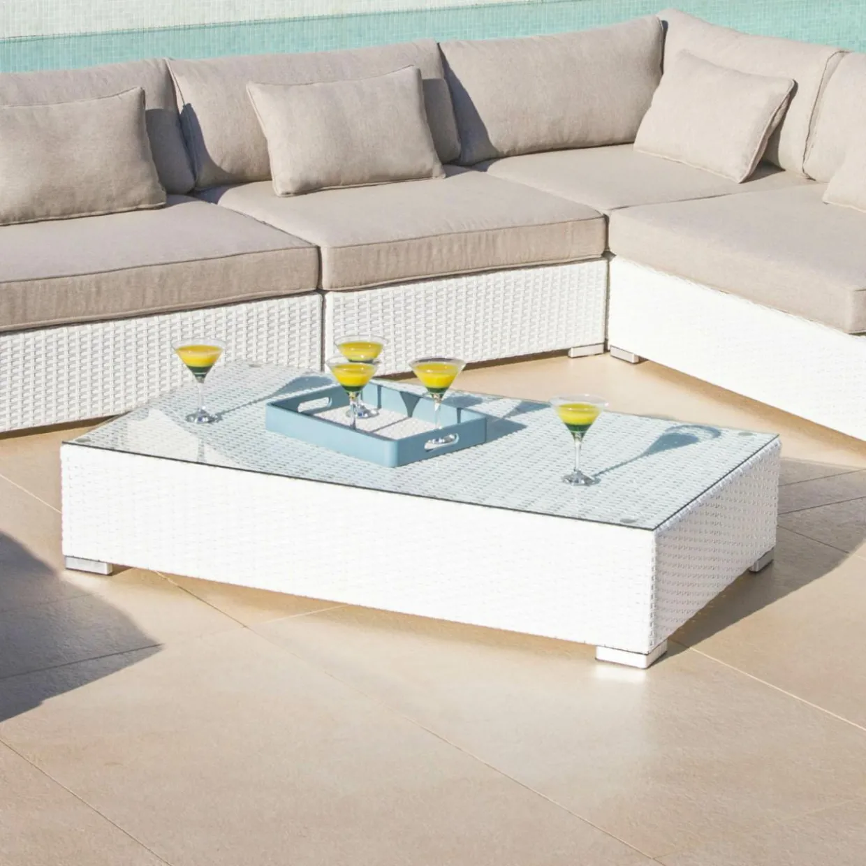 Salon de jardin en résine tressée 9 places 9 pcs Palma Blanc et taupe