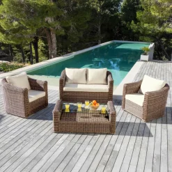 Salon de jardin en résine tressée 4 places 4 pcs Calvi Sepia et beige