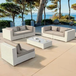 Salon de jardin en résine tressée 5 places 6 pcs Palma Blanc et taupe