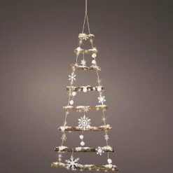 Sapin à suspendre en bois illuminé à piles (H100 cm) Flocons Blanc chaud