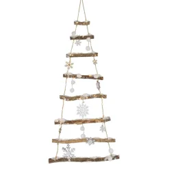 Sapin à suspendre en bois illuminé à piles (H100 cm) Flocons Blanc chaud