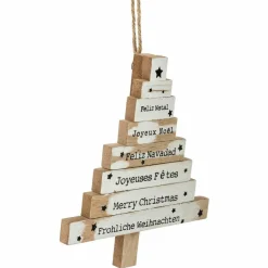 Sapin de Noël à suspendre en bois (H15 cm) Langues du monde Blanc