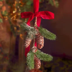Suspension décorative (H26 cm) Pomme de pin et nœud en velours Rouge