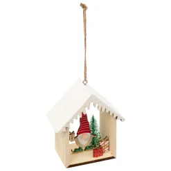 Suspension de Noël en bois (H11 cm) Maisonnette de lutin pailletée