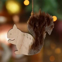 Suspension de Noël en bois (H12 cm) Ecureuil douce fourrure Marron