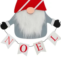 Suspension de Noël en bois (H32 cm) Lutin joyeux Noël en gris