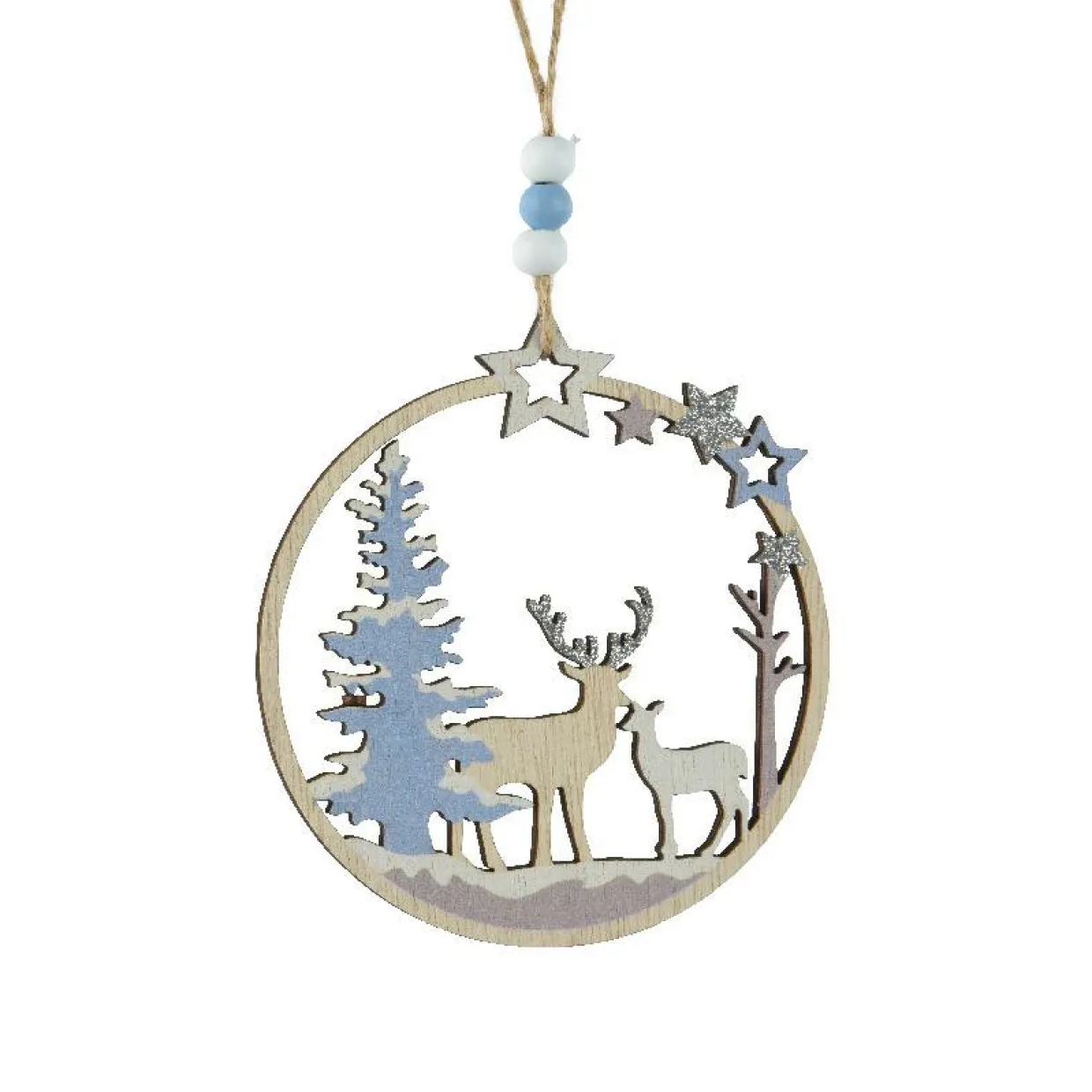 Suspension de Noël en bois (D11 cm) Renne et biche en forêt Bleu