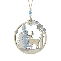 Suspension de Noël en bois (D11 cm) Caribou dans les bois Bleu clair