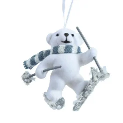 Suspension de Noël en plastique floqué velours (H10 cm) Ours Albin Blanc