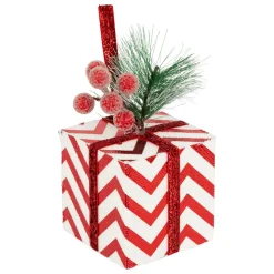 Suspension de Noël (H12 cm) Cadeau rayé et baies Rouge
