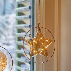 Suspension lumineuse à piles 15 LED (D26 cm) Étoile d’Hiver Ambre/blanc chaud