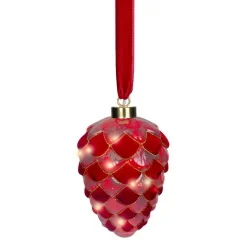 Suspension lumineuse à piles 15 LED (D15 cm) Pomme de pin de Venezia Rouge