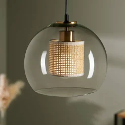 Suspension lumineuse en verre et cannage (D25 cm) Lucéa Beige
