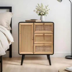 Table d'appoint bois et cannage (H60 cm) Osaka Noir et bois