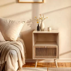 Table de chevet bois et corde de chanvre (H55 cm) Manille niche Beige