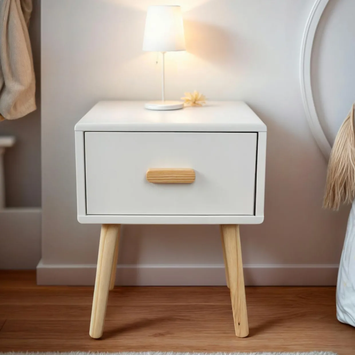 Table de chevet enfant 1 tiroir bois (H44 cm) Livio Blanc