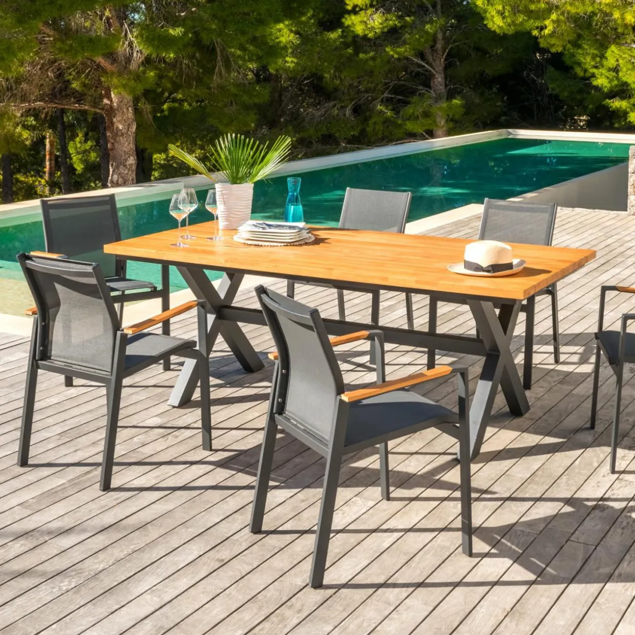 Table de jardin en aluminium et bois teck 8 places (200 x 100 cm) Bali Gris anthracite