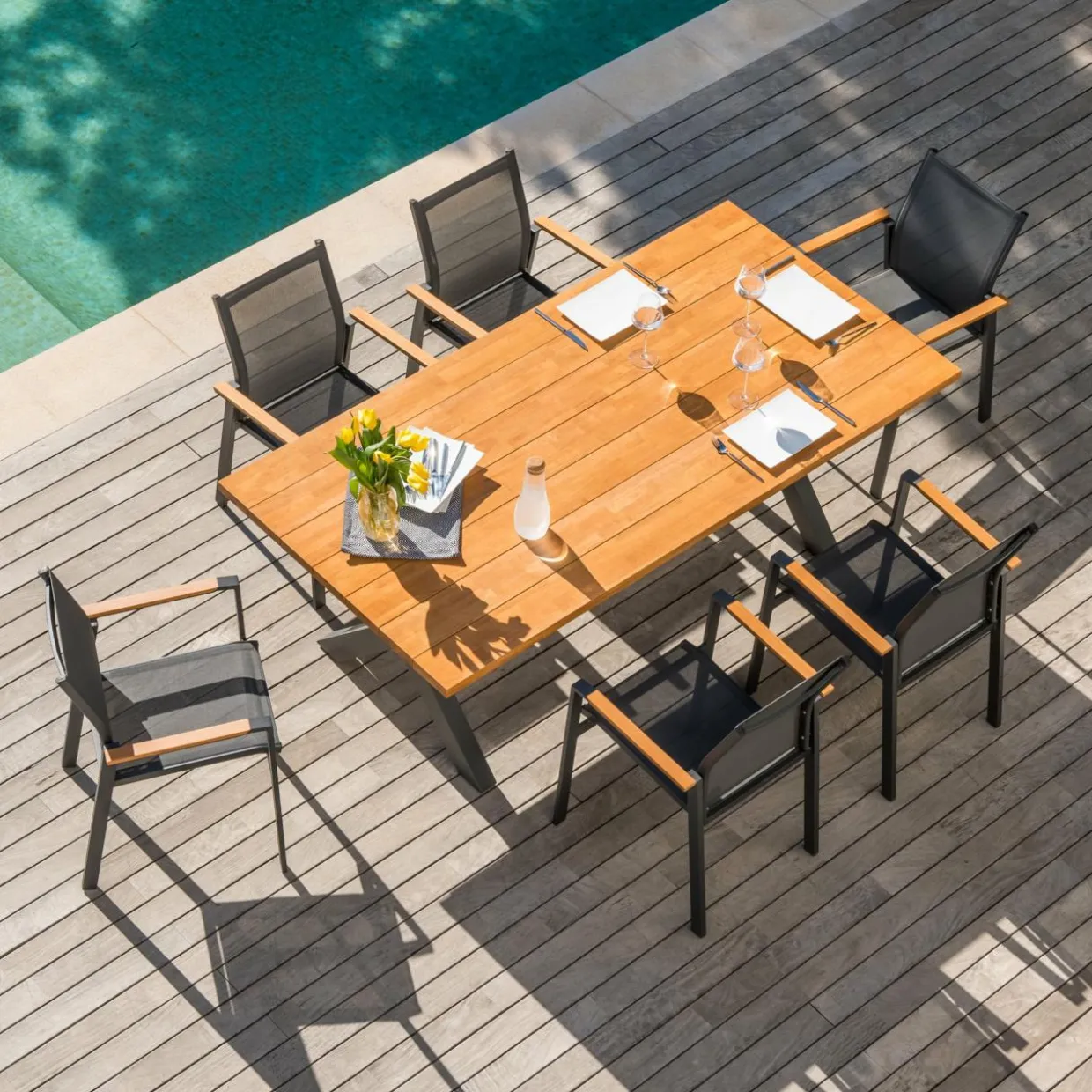 Table de jardin en aluminium et bois teck 8 places (200 x 100 cm) Bali Gris anthracite