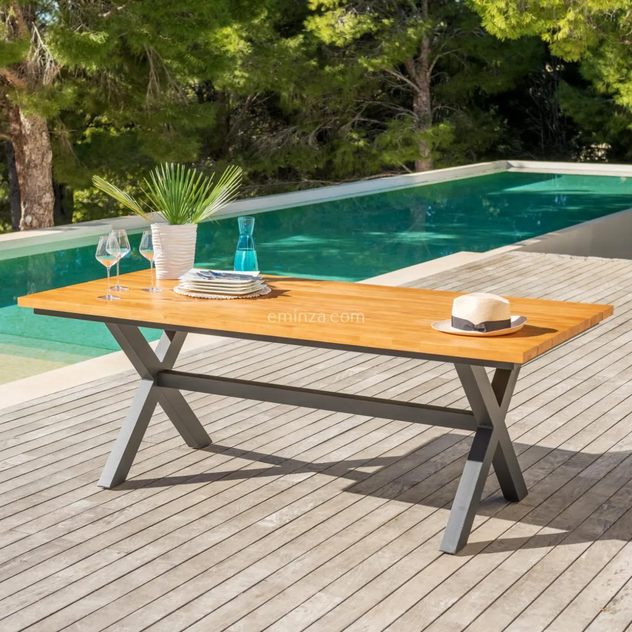 Table de jardin en aluminium et bois teck 8 places (200 x 100 cm) Bali Gris anthracite