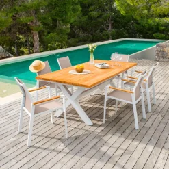 Table de jardin en aluminium et bois teck 8 places (200 x 100 cm) Bali Blanc