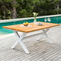 Table de jardin en aluminium et bois teck 8 places (200 x 100 cm) Bali Blanc