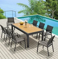 Table de jardin extensible en aluminium 12 places effet bois (200/320 x 100 cm) Murano Gris anthracite