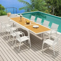 Table de jardin extensible en aluminium 12 places effet bois (200/320 x 100 cm) Murano Blanc