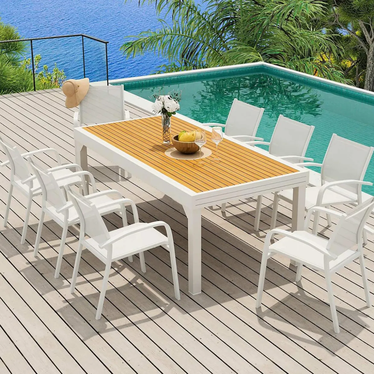 Table de jardin extensible en aluminium 12 places effet bois (200/320 x 100 cm) Murano Blanc