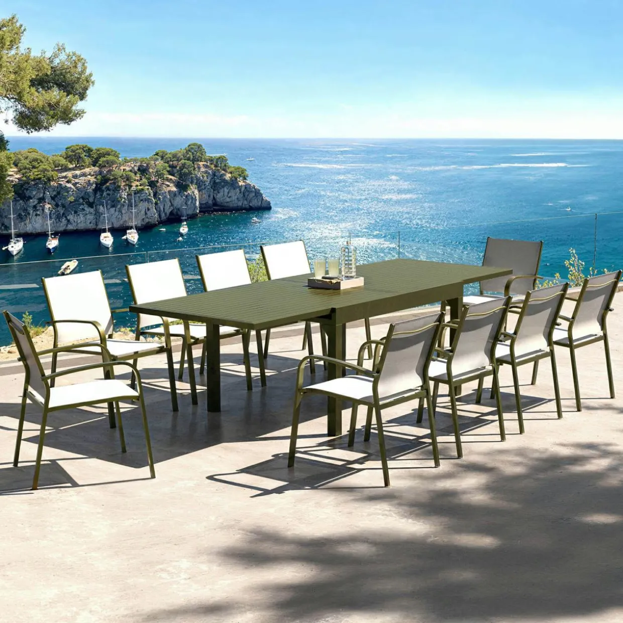 Table de jardin extensible aluminium 10 places (135/270 x 90 cm) Murano Vert olive
