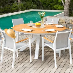 Table de jardin ronde en aluminium et bois teck 8 places (D140 cm) Bali Blanc