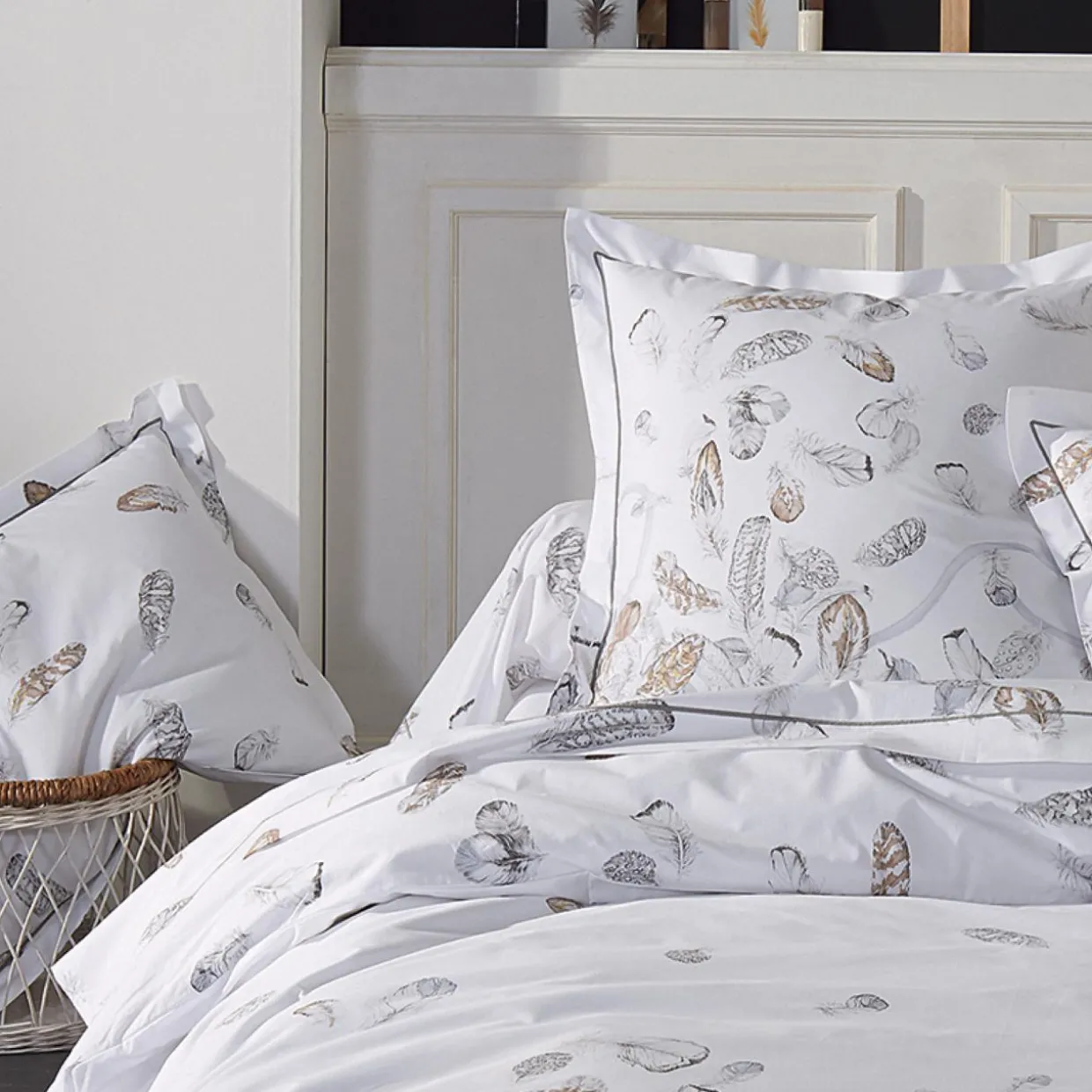 Taie de traversin percale de coton (L200 cm) Plumes Grise