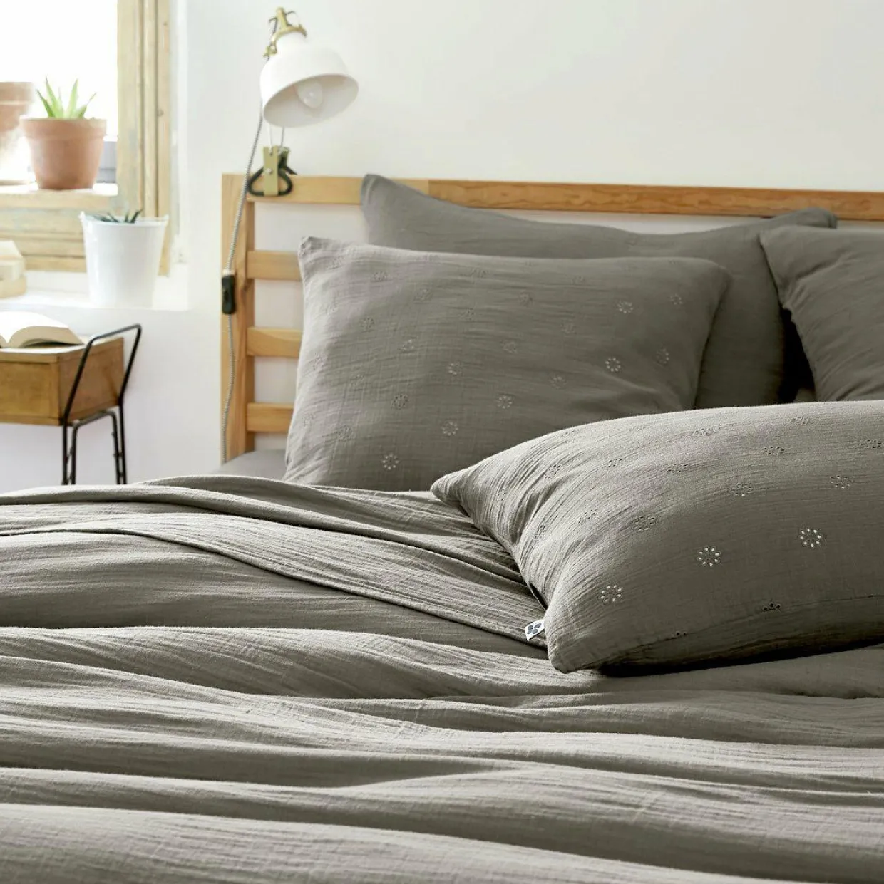 Taie d'oreiller carrée gaze de coton (60 x 60 cm) Gaïa Boho Gris granit