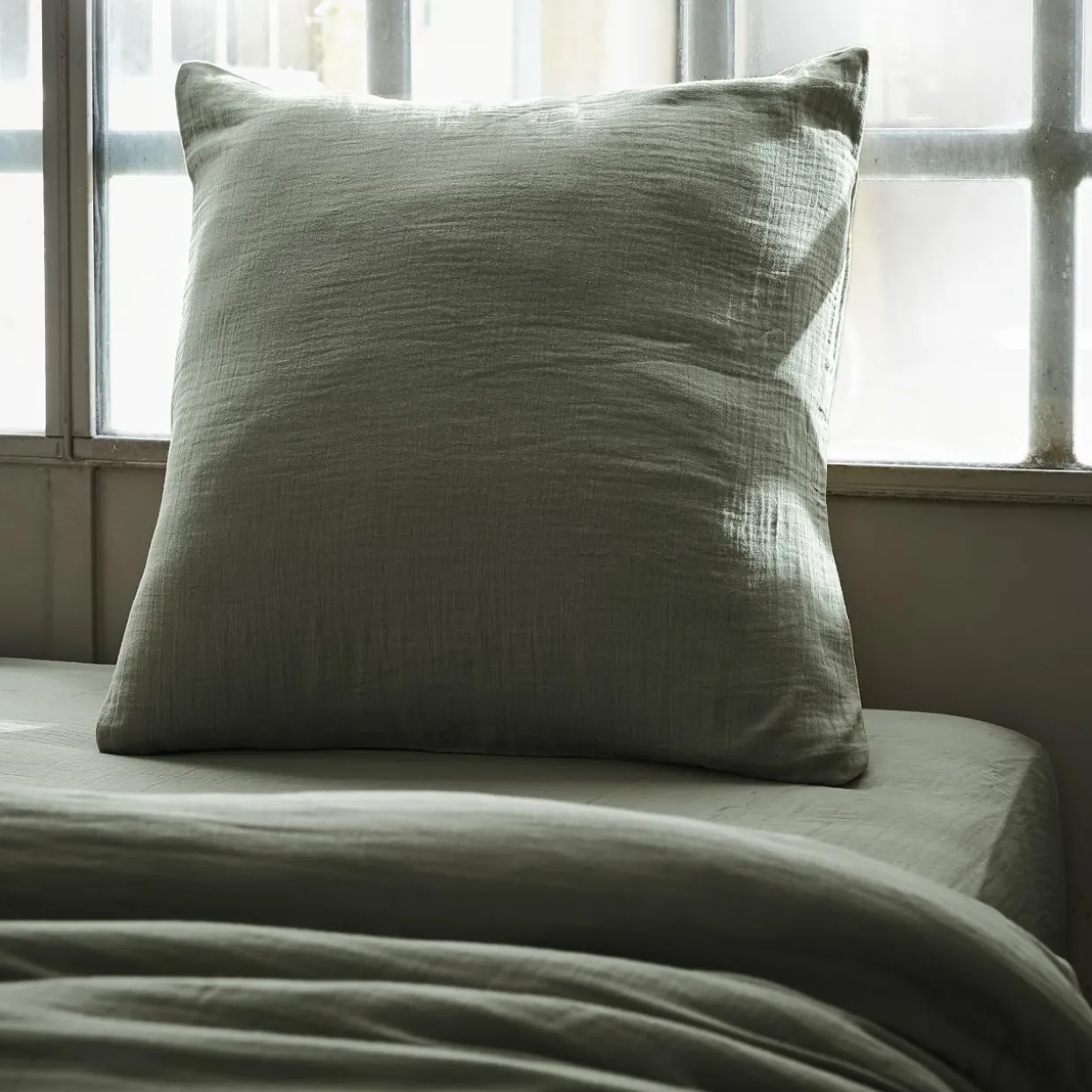 Taie d'oreiller carrée gaze de coton (60 x 60 cm) Gaïa Vert romarin